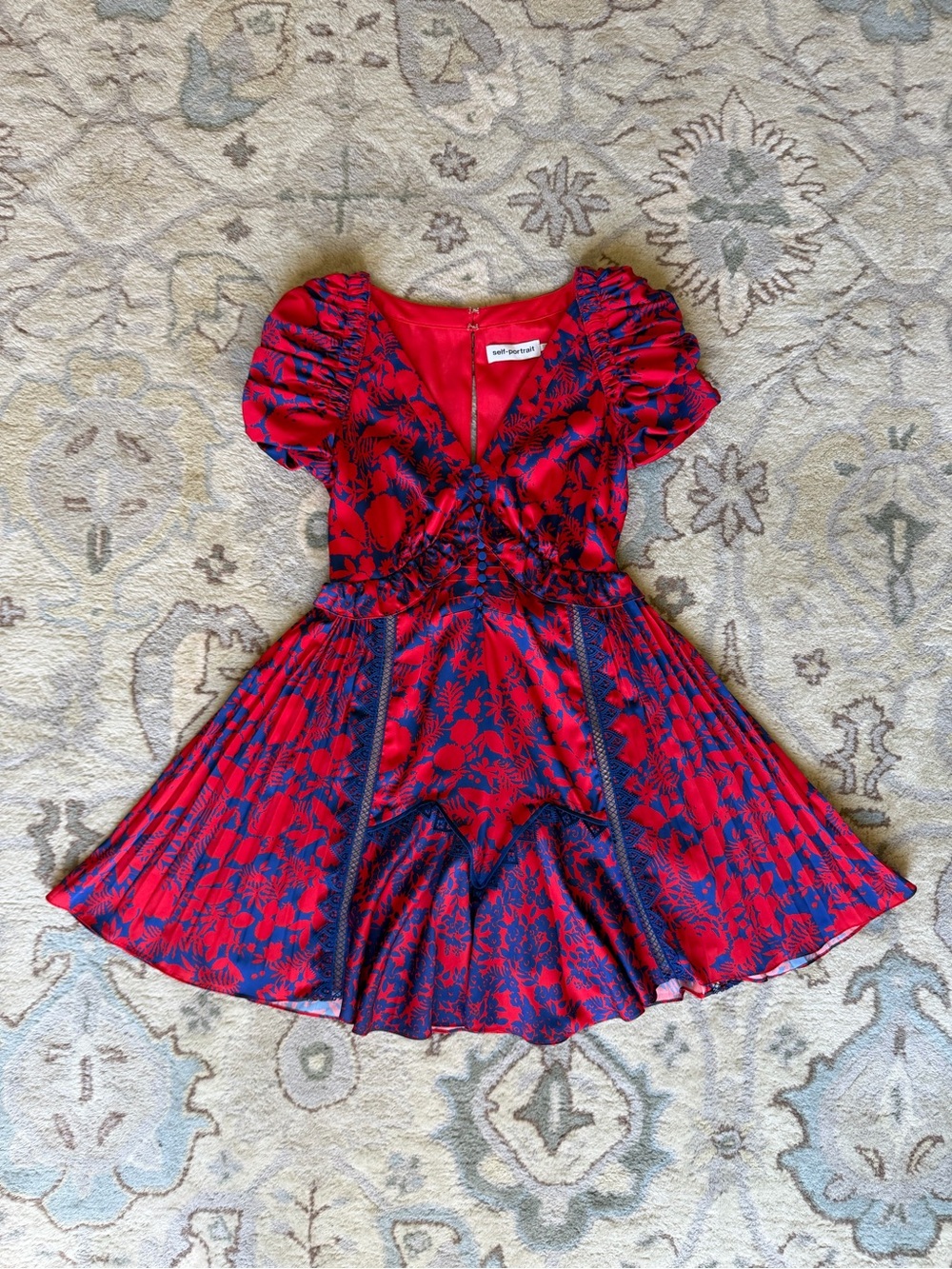 Self-Portrait Red Blue Floral Pleated Mini Dress Puff Sleeve US 4